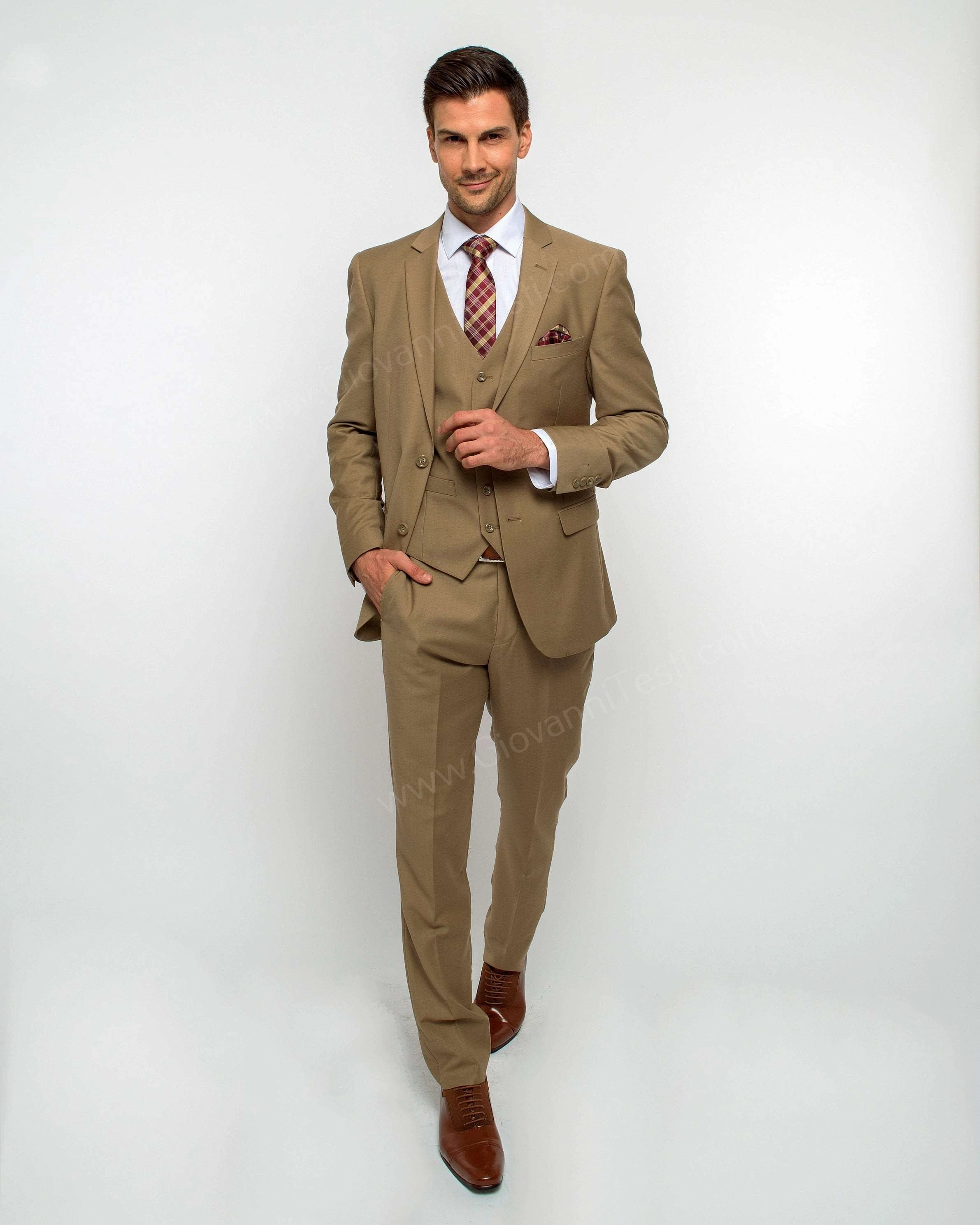 2 Button Notch Lapel Tan Slim Fit Suit FF2SV-4030