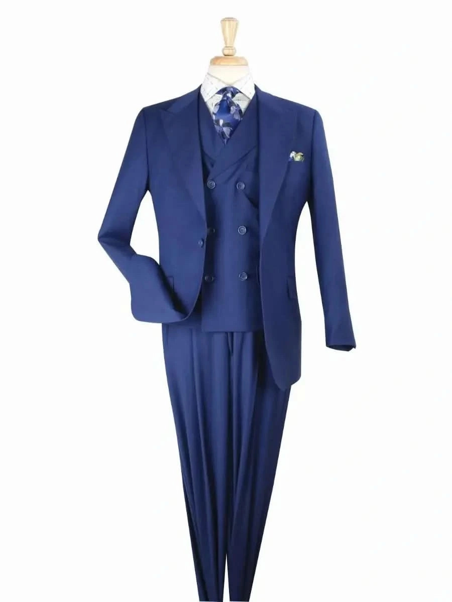 Apollo King Solid Blue 100% Wool Classic Fit 3 Piece Pleated Suit with Peak Lapels