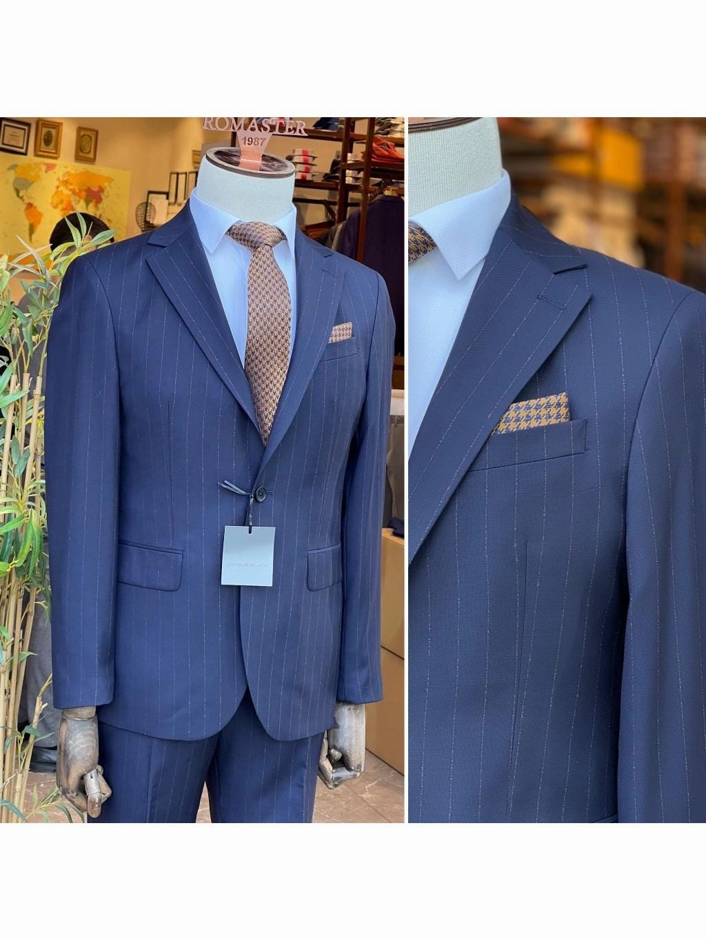 Arthur Black Men's Navy Blue Pinstriped Slim Fit 100% VBC Wool Prehemmed Suit
