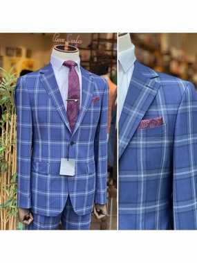 Arthur Black Mens Blue Plaid Slim Fit 100% VBC Wool Prehemmed Suit