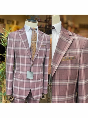 Arthur Black Mens Burgundy Plaid Slim Fit 100% VBC Wool Prehemmed Suit