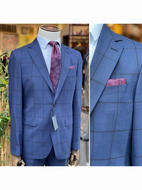 Arthur Black Mens Navy Blue Windowpane Slim Fit 100% VBC Wool Prehemmed Suit