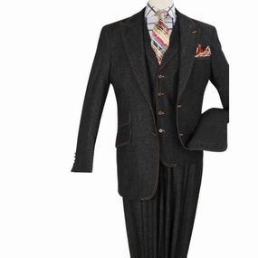 Black 3 Piece Long Sleeve Long Fit Fashion Denim Suit - DEN2