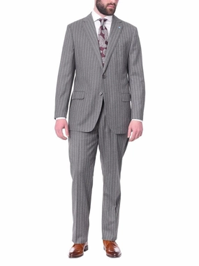 Blujacket Mens Gray Striped 100% Wool Flannel Classic Fit Half Canvassed Suit