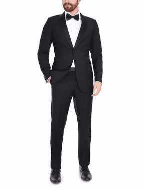 Blujacket Mens Solid Black 100% Wool Regular Fit Tuxedo Suit With Shawl Lapel