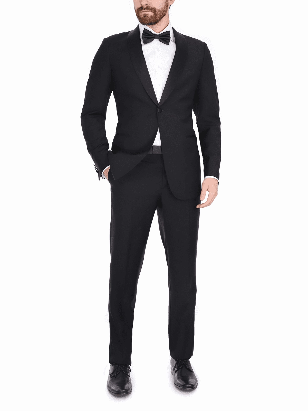 Blujacket Mens Solid Black 100% Wool Regular Fit Tuxedo Suit With Shawl Lapel