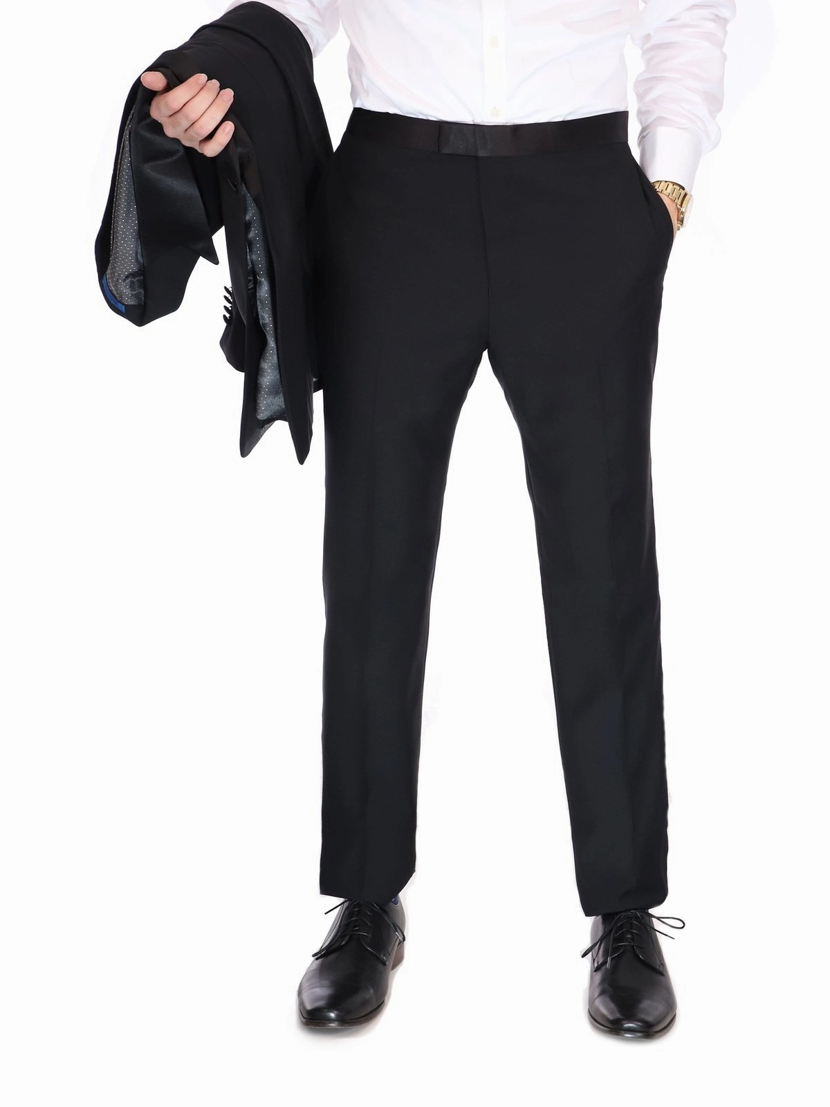 Blujacket Mens Solid Black Notch Lapel 100% Wool Regular Fit 2-Piece Tuxedo Suit