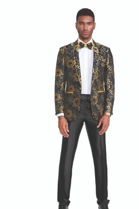 Brillante Collection: Men's Floral Pattern Blazer With Interior Pic Stitching in Gold