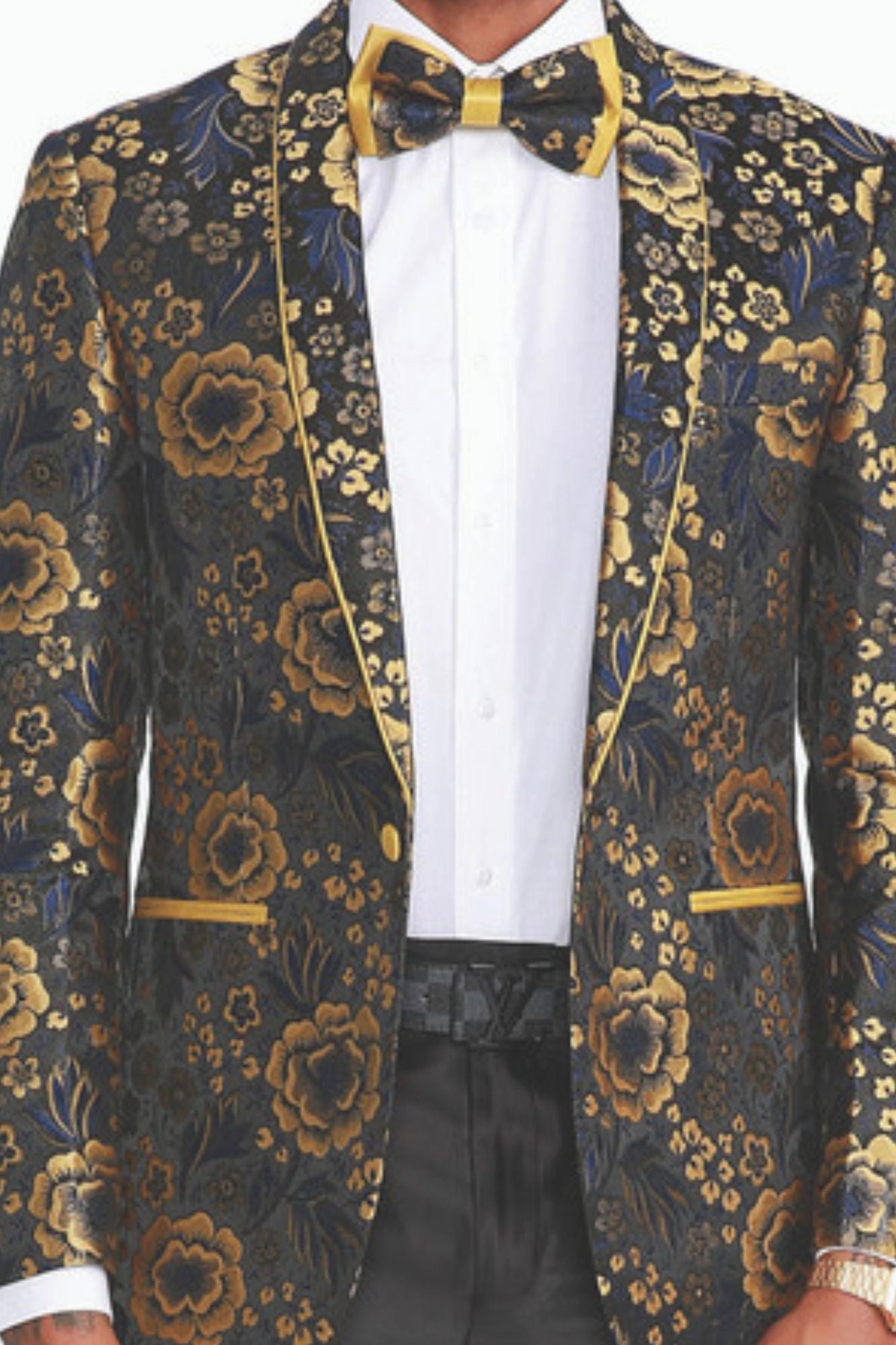 Brillante Collection: Men's Floral Pattern Blazer With Interior Pic Stitching in Gold