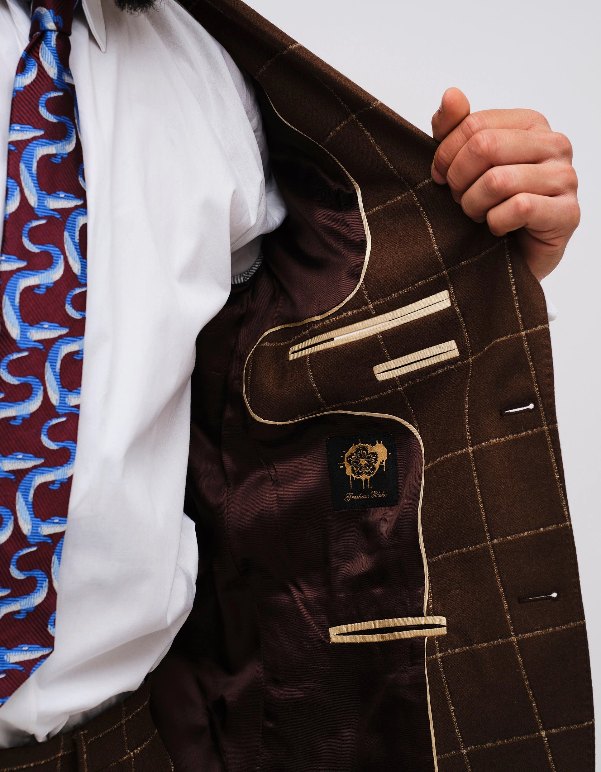 Brown Windowpane Check Wool Suit