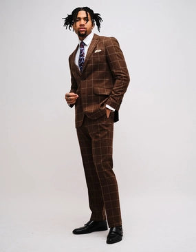 Brown Windowpane Check Wool Suit