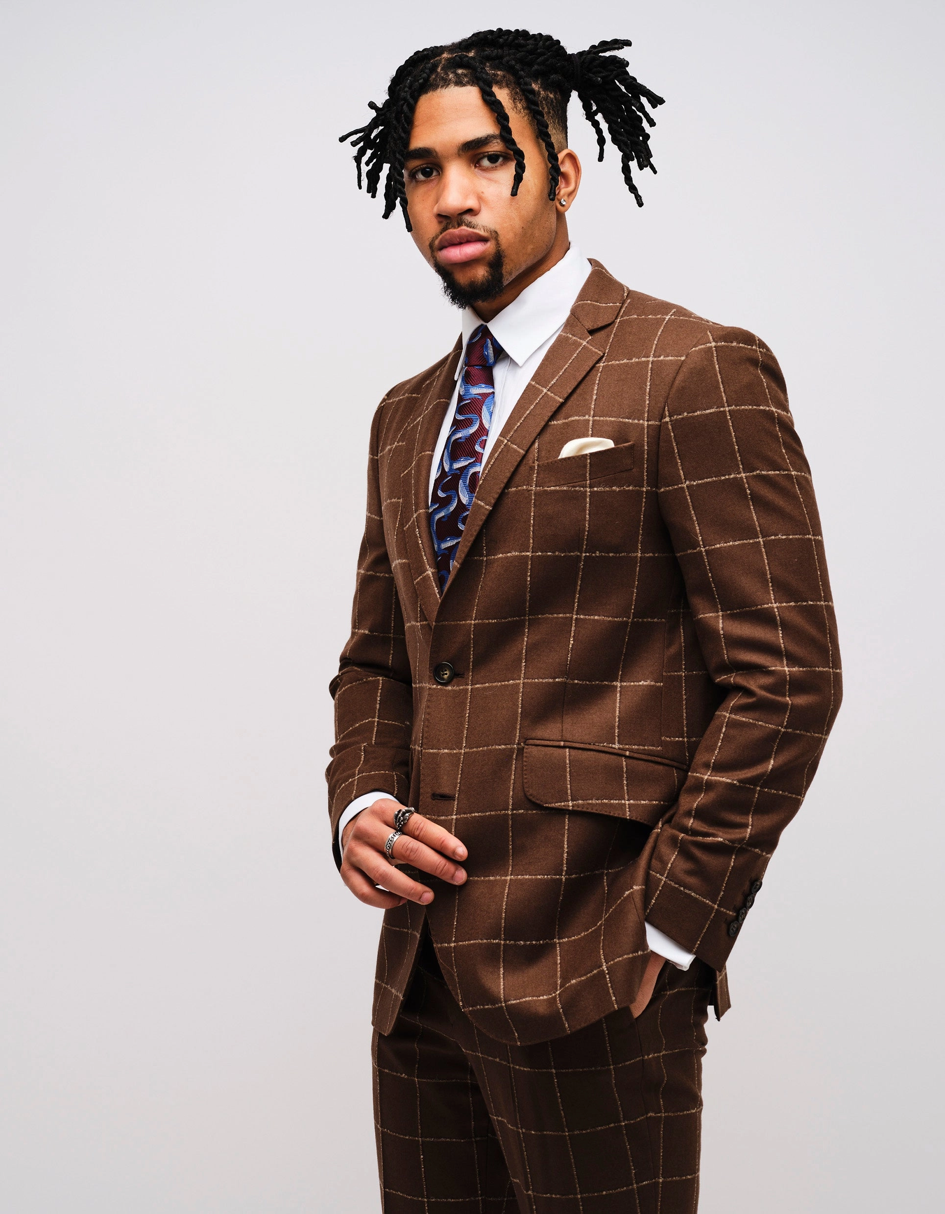 Brown Windowpane Check Wool Suit