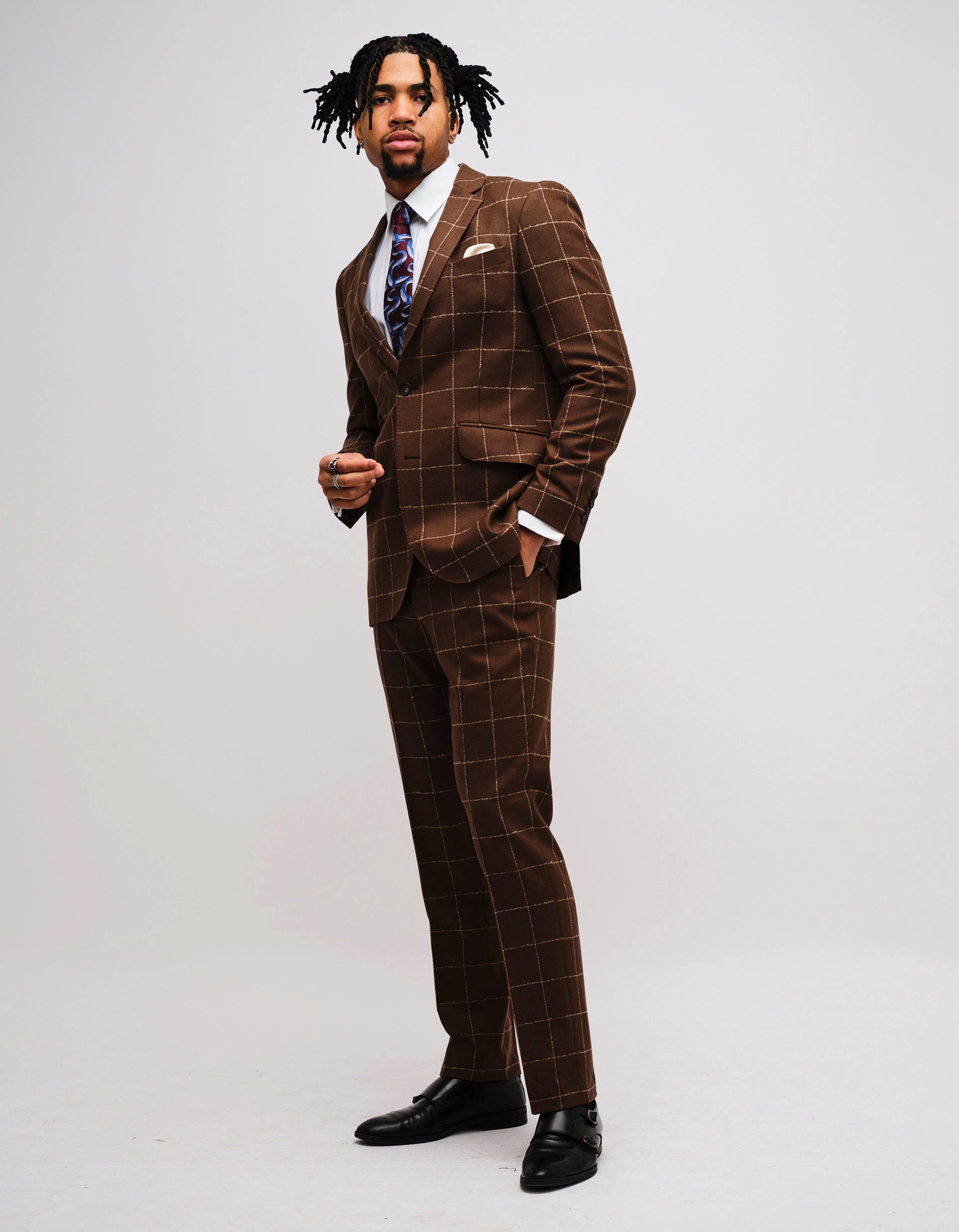 Brown Windowpane Check Wool Suit