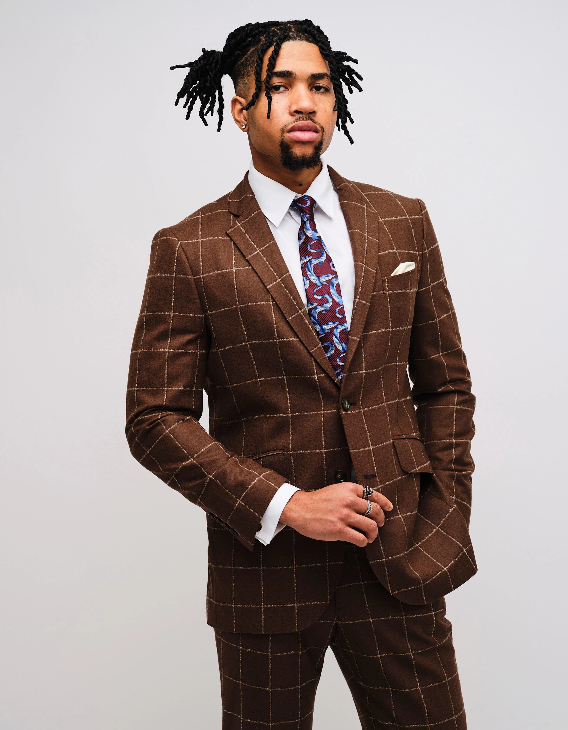 Brown Windowpane Check Wool Suit