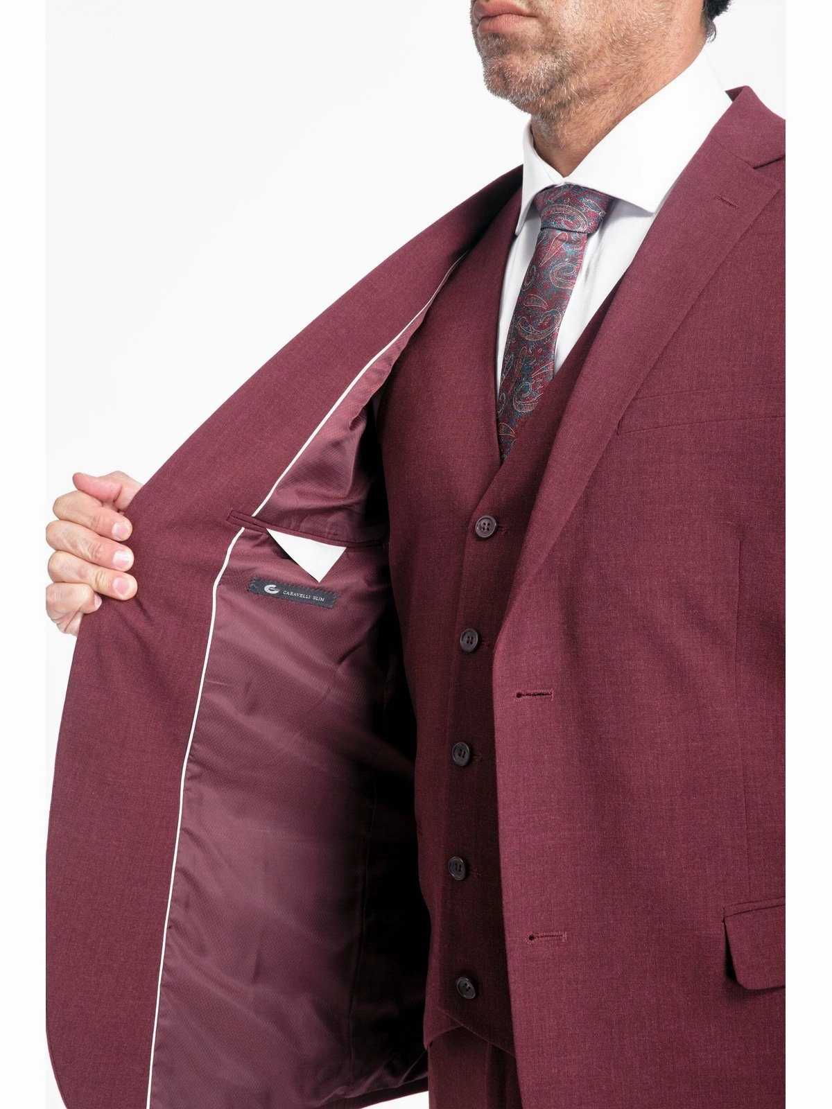 Caravelli Mens Burgundy Slim Fit 3 Piece Suit