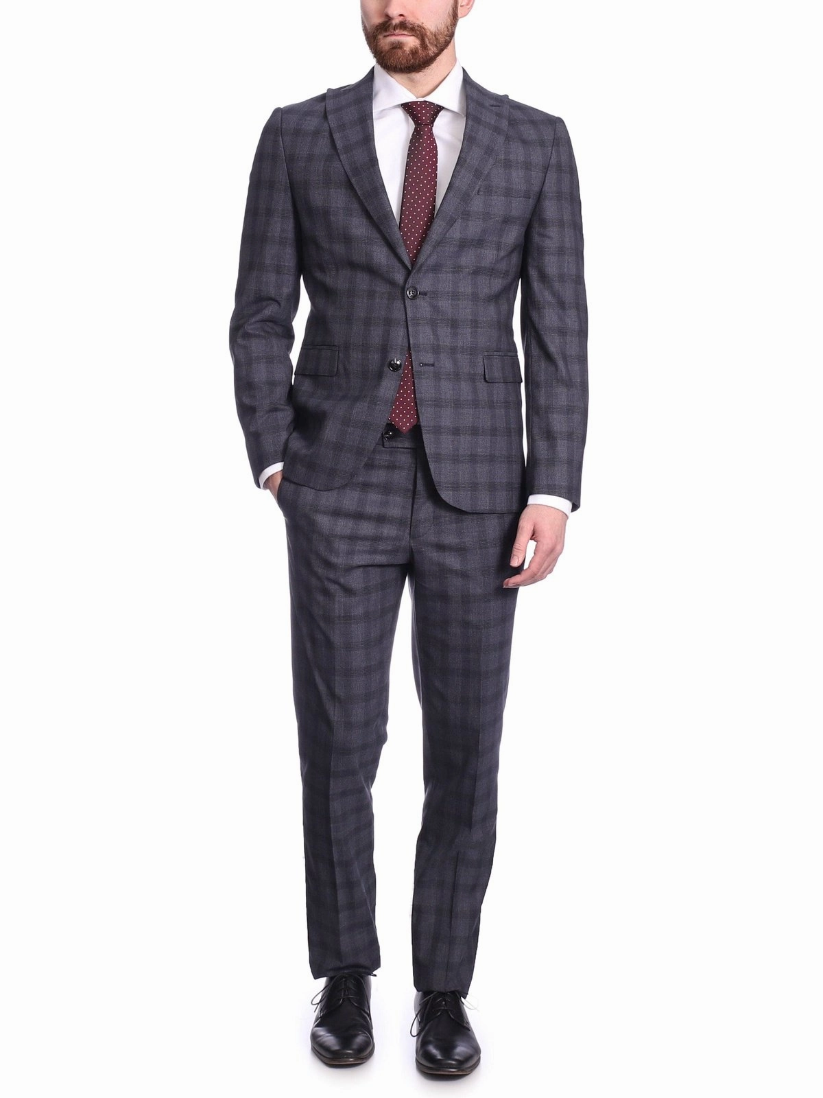 Carducci Mens Blue Windowpane Wool Blend Slim Fit Suit With Peak Lapels