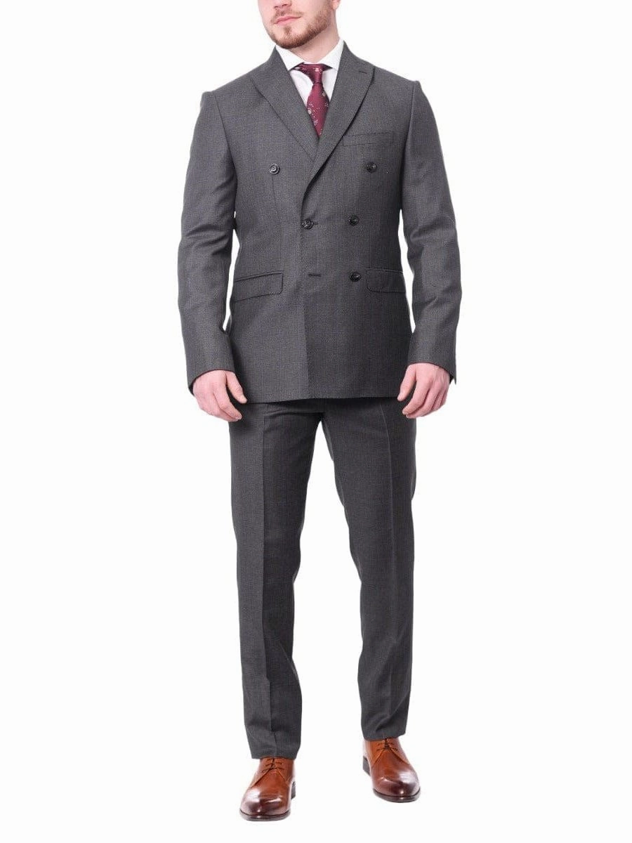 Carducci Mens Gray With Blue Windowpane 100% Wool Slim Fit Suit