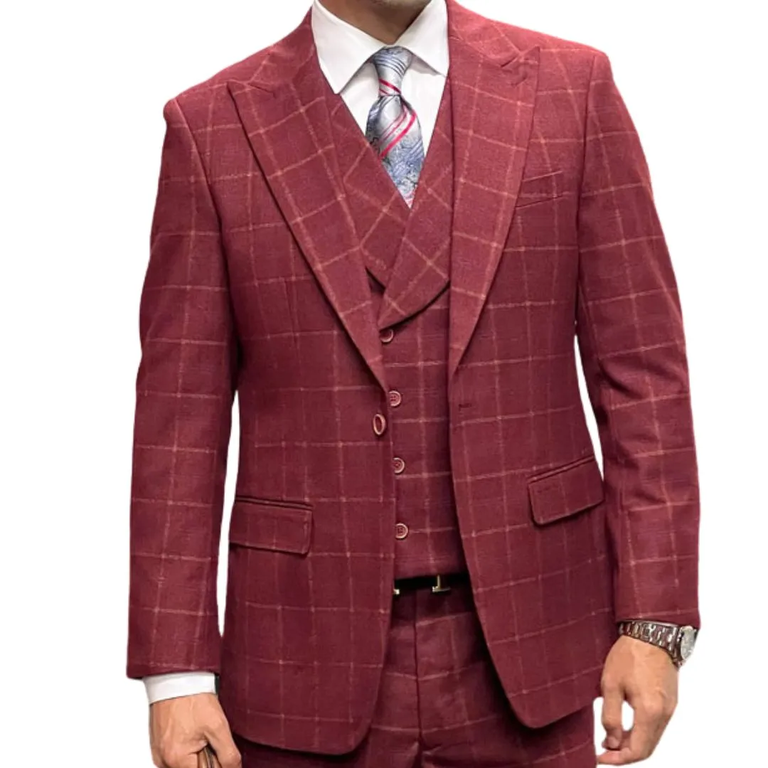 Celestio Collection: Burgundy 3-Piece Peak Lapel Suit