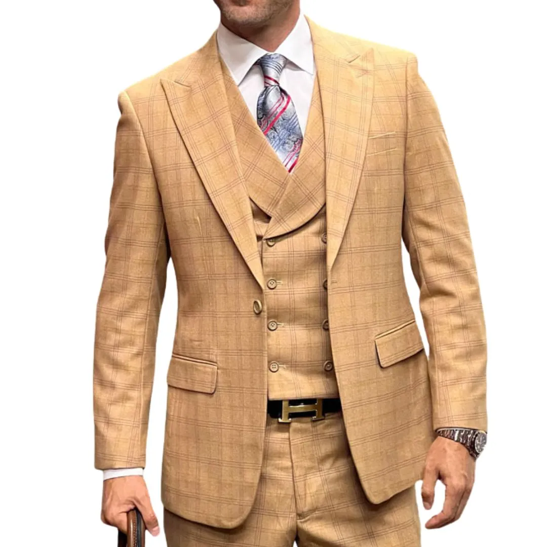 Celestio Collection: Camel 3-Piece Peak Lapel Suit