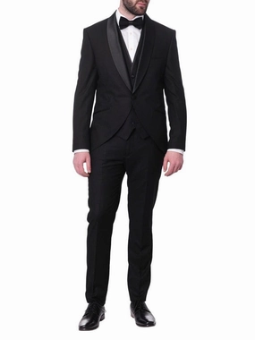 Cemden Mens Slim Fit Solid Black 1 Button 3 Piece Tuxedo Suit With Shawl Lapels