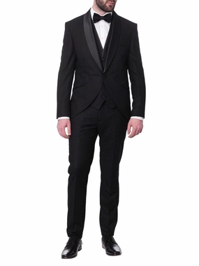 Cemden Mens Slim Fit Solid Black 1 Button 3 Piece Tuxedo Suit With Shawl Lapels
