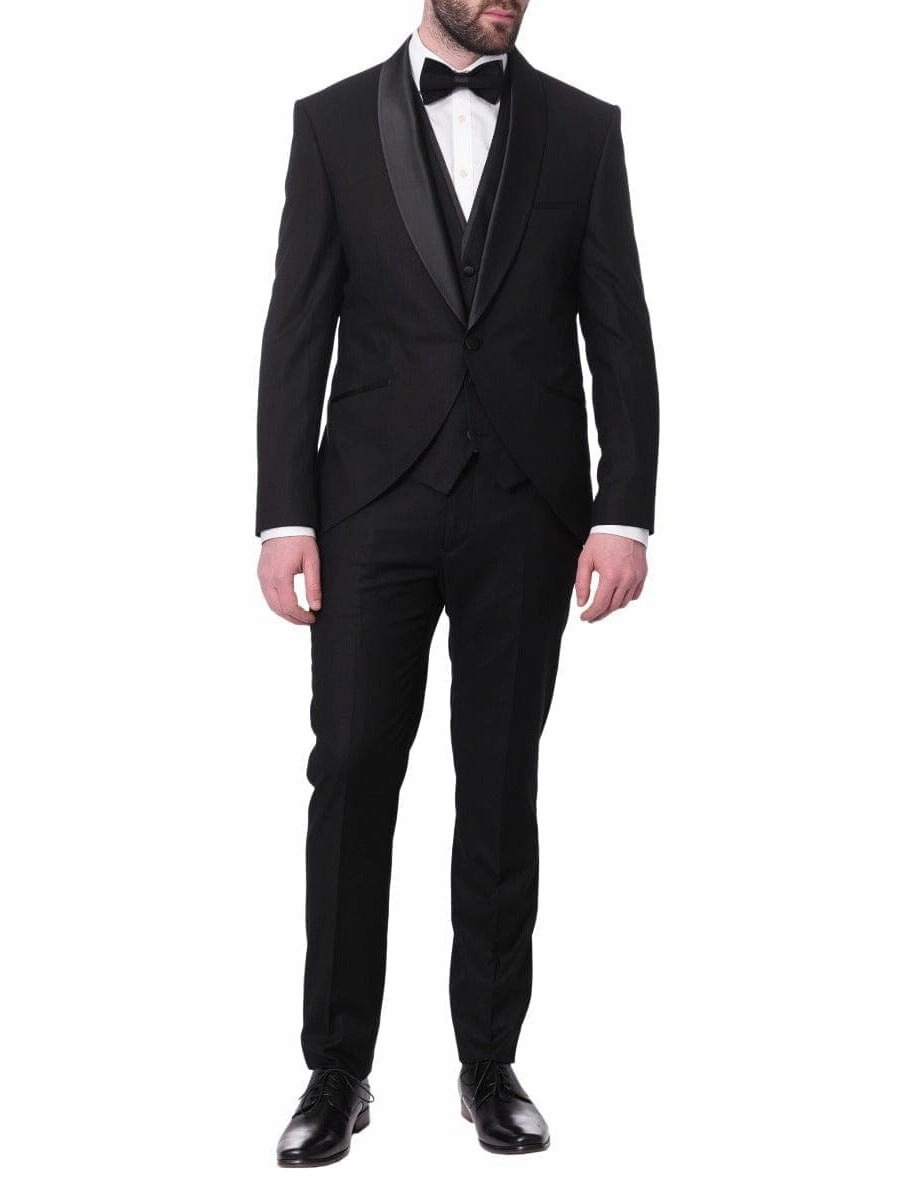 Cemden Mens Slim Fit Solid Black 1 Button 3 Piece Tuxedo Suit With Shawl Lapels