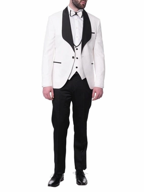 Cemden Mens Slim Fit Solid White 1-button 3 Piece Tuxedo Suit With Shawl Lapels