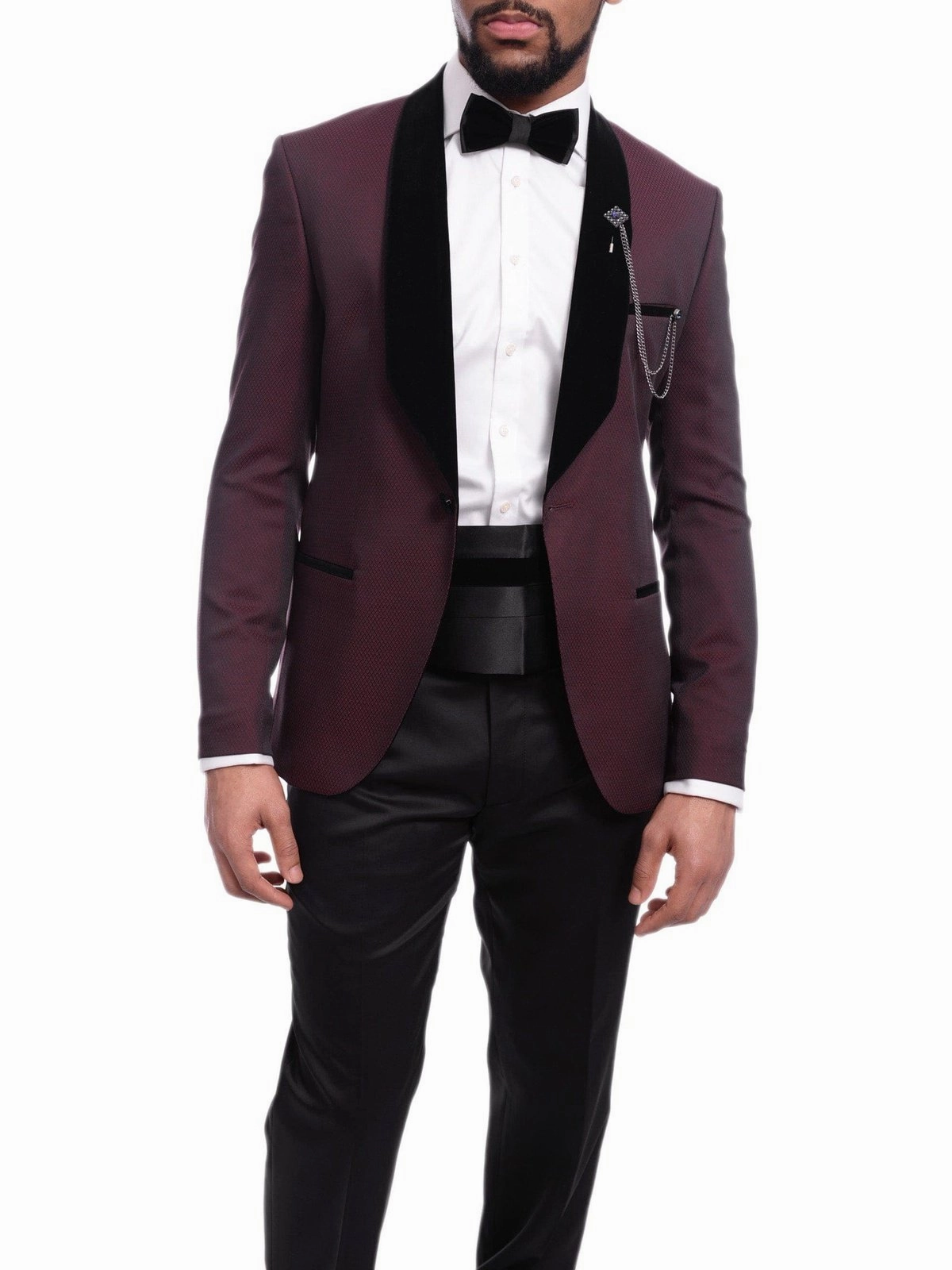 Cemden Slim Fit Geometric Diamond Sheen Satin Tuxedo Suit With Shawl Lapels