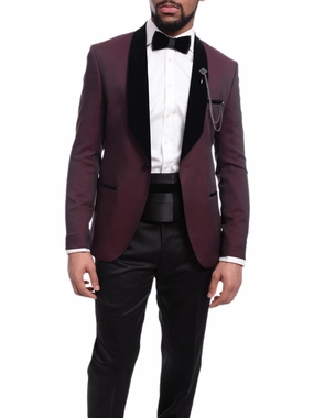 Cemden Slim Fit Geometric Diamond Sheen Satin Tuxedo Suit With Shawl Lapels