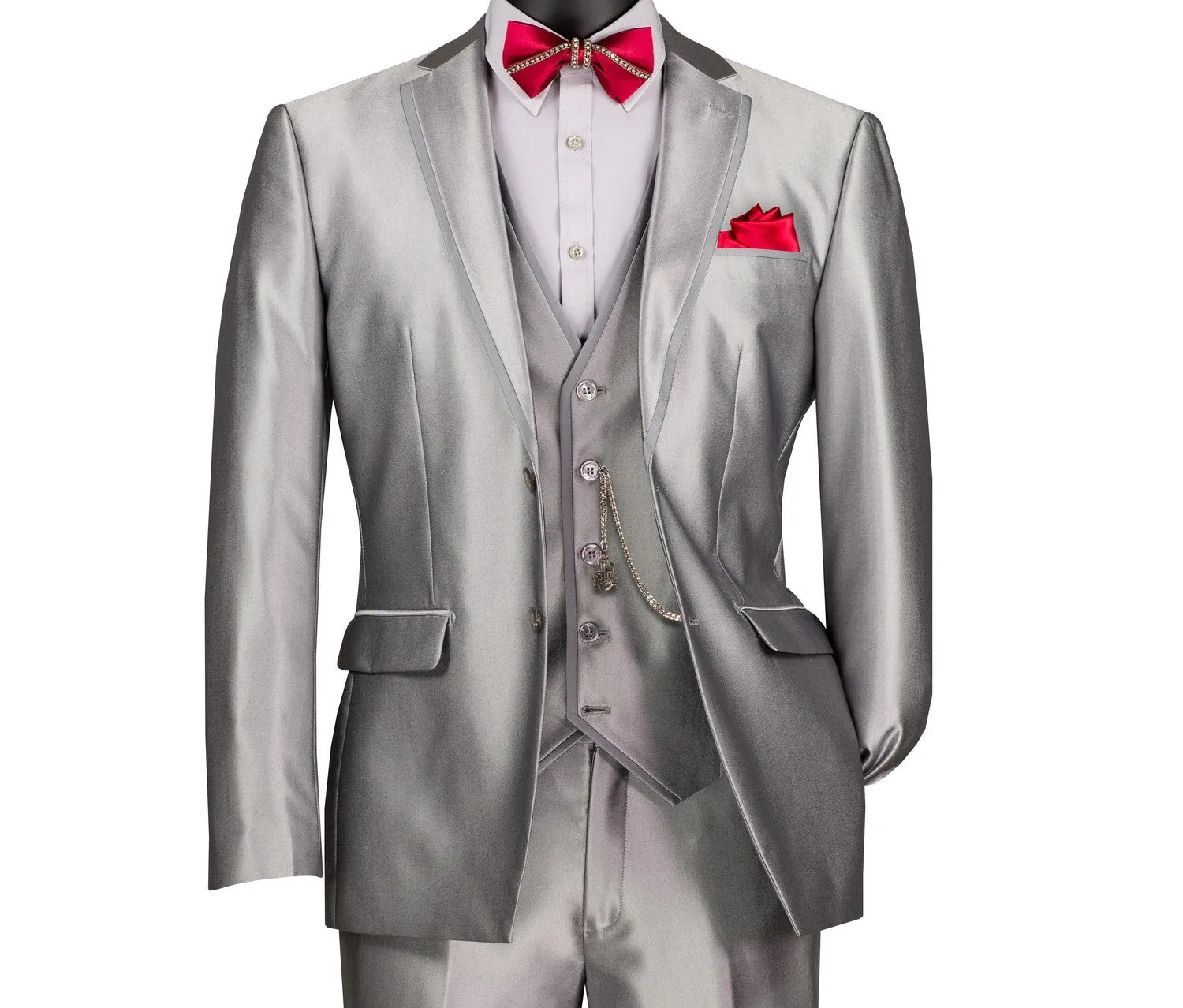 Centaurus Collection: Silver 3-Piece Solid Satin Look Slim Fit Suit with Fancy Vest