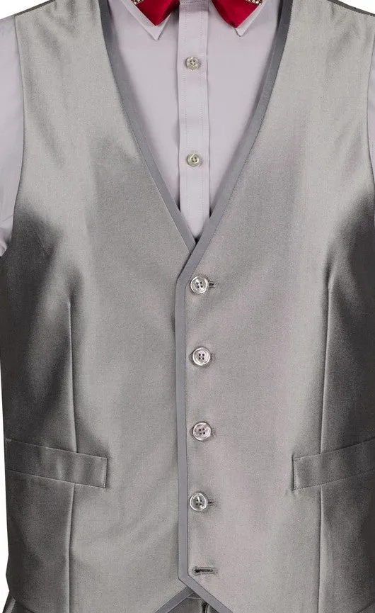 Centaurus Collection: Silver 3-Piece Solid Satin Look Slim Fit Suit with Fancy Vest