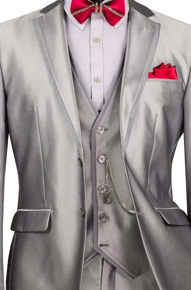 Centaurus Collection: Silver 3-Piece Solid Satin Look Slim Fit Suit with Fancy Vest
