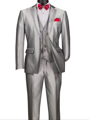Centaurus Collection: Silver 3-Piece Solid Satin Look Slim Fit Suit with Fancy Vest