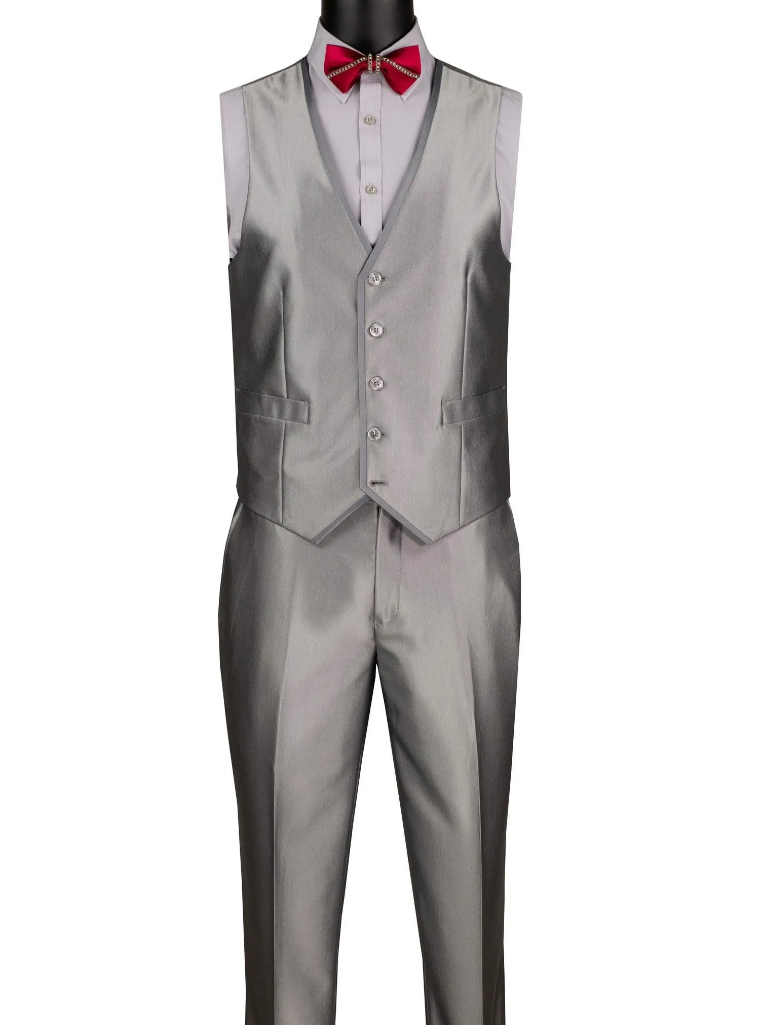 Centaurus Collection: Silver 3-Piece Solid Satin Look Slim Fit Suit with Fancy Vest