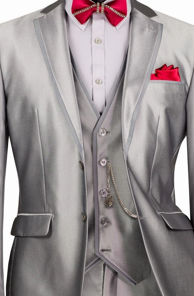 Centaurus Collection: Silver 3-Piece Solid Satin Look Slim Fit Suit with Fancy Vest