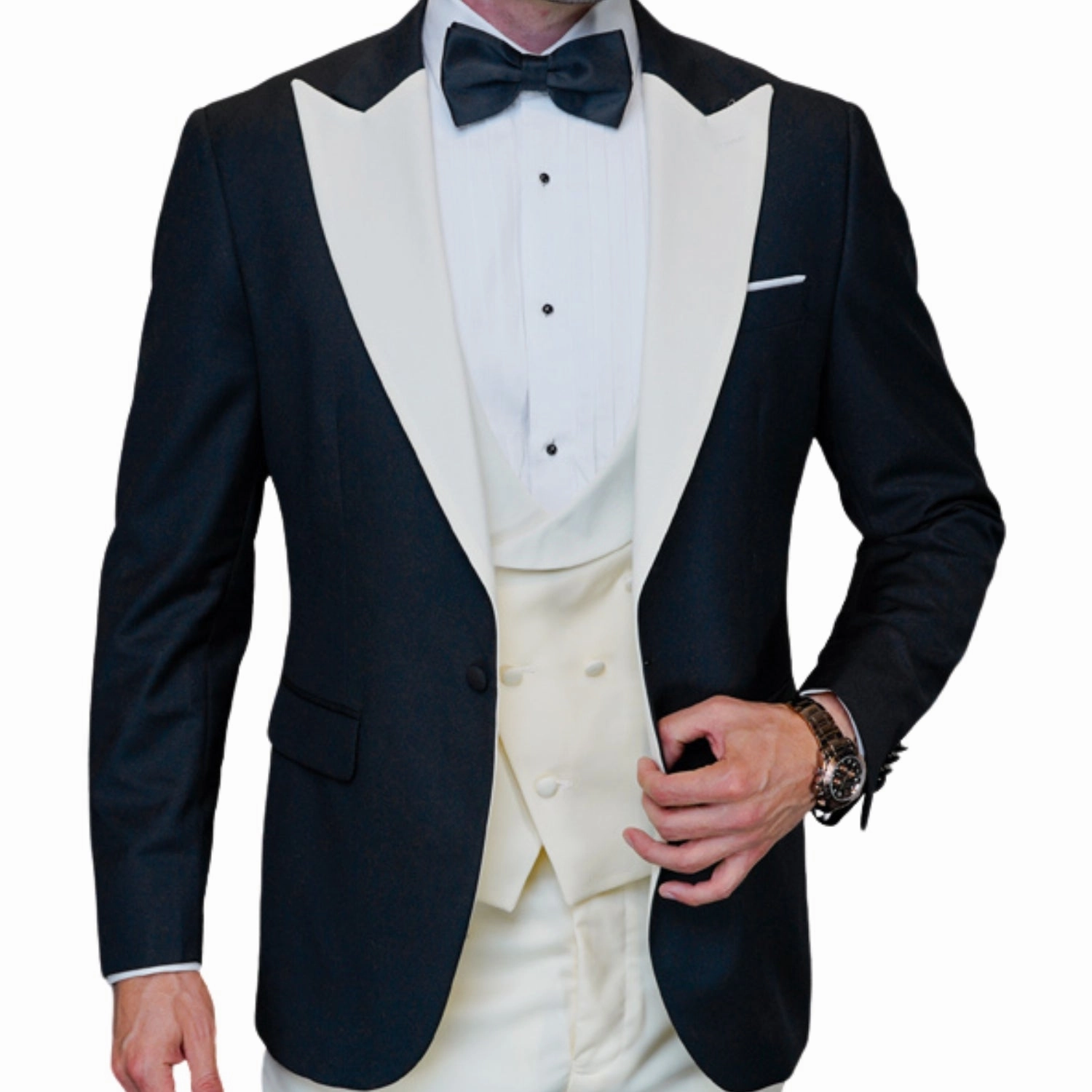 ChicChato Collection: Black Tuxedo with Ivory Peak Lapel and Accents - Modern Fit