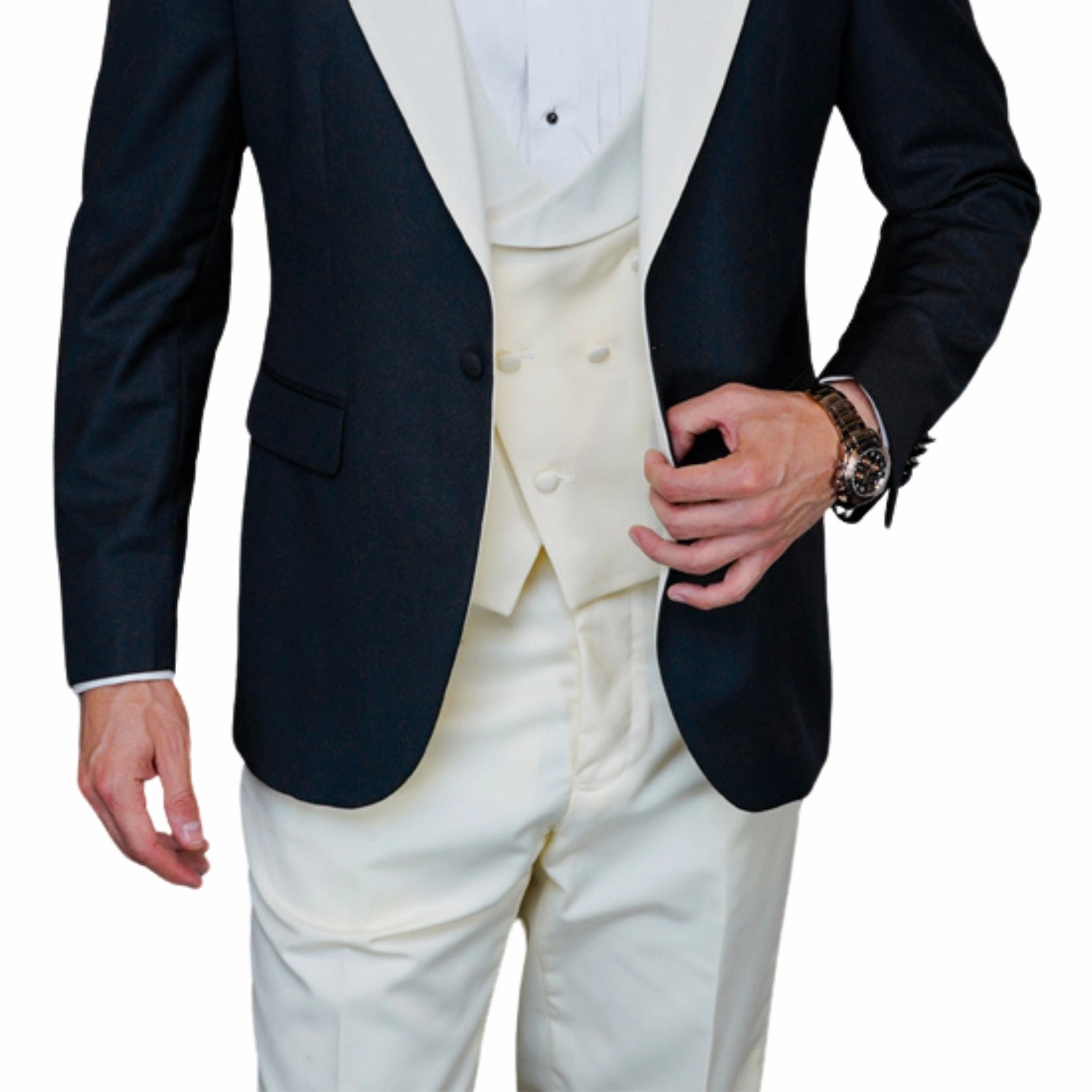 ChicChato Collection: Black Tuxedo with Ivory Peak Lapel and Accents - Modern Fit