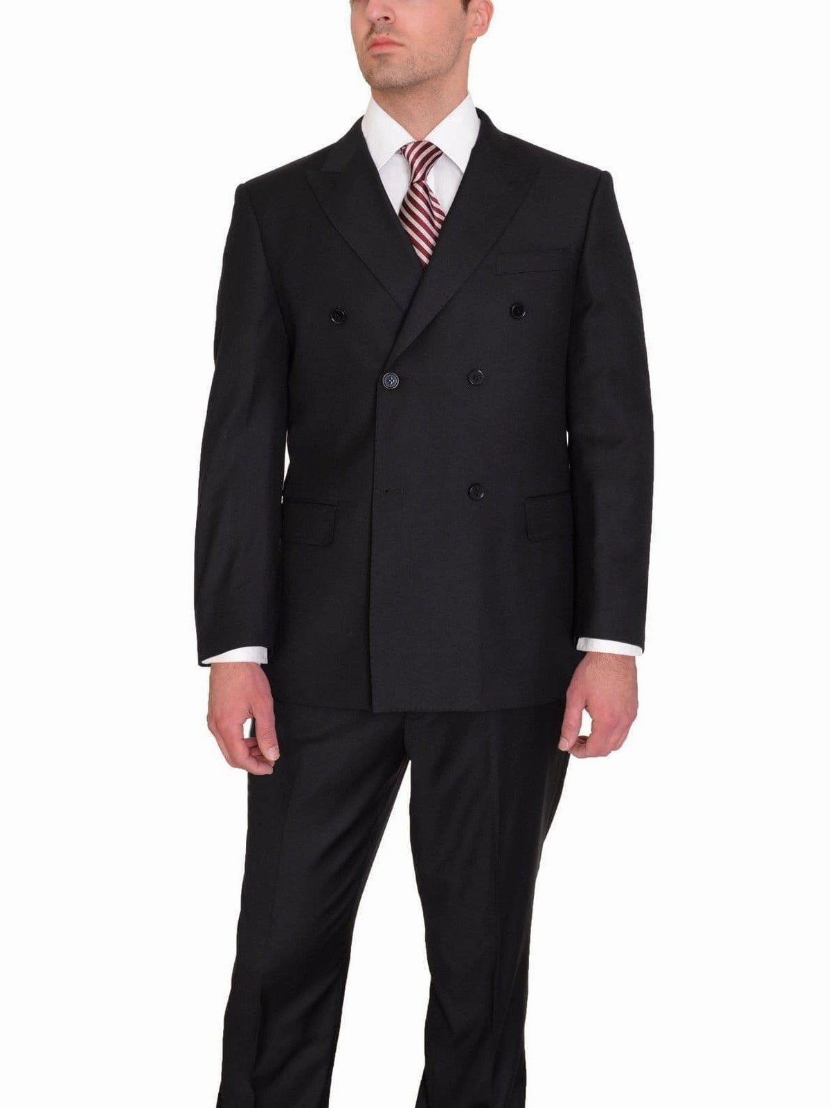 Classic Fit Double Breasted Solid Black Wool Suit