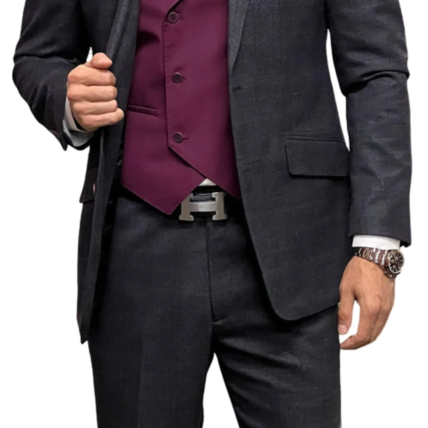 Dapperique Collection: Charcoal Plaid 3-Piece Suit with Double-Breasted Vest - Modern Fit