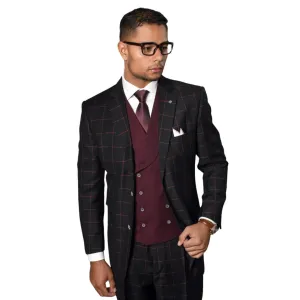 Dominion Collection: Black/Burgundy 3-Piece Plaid Modern Fit Suit