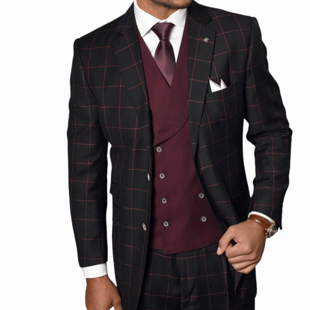 Dominion Collection: Black/Burgundy 3-Piece Plaid Modern Fit Suit