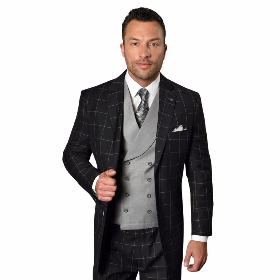 Dominion Collection: Black/Grey 3-Piece Plaid Modern Fit Suit