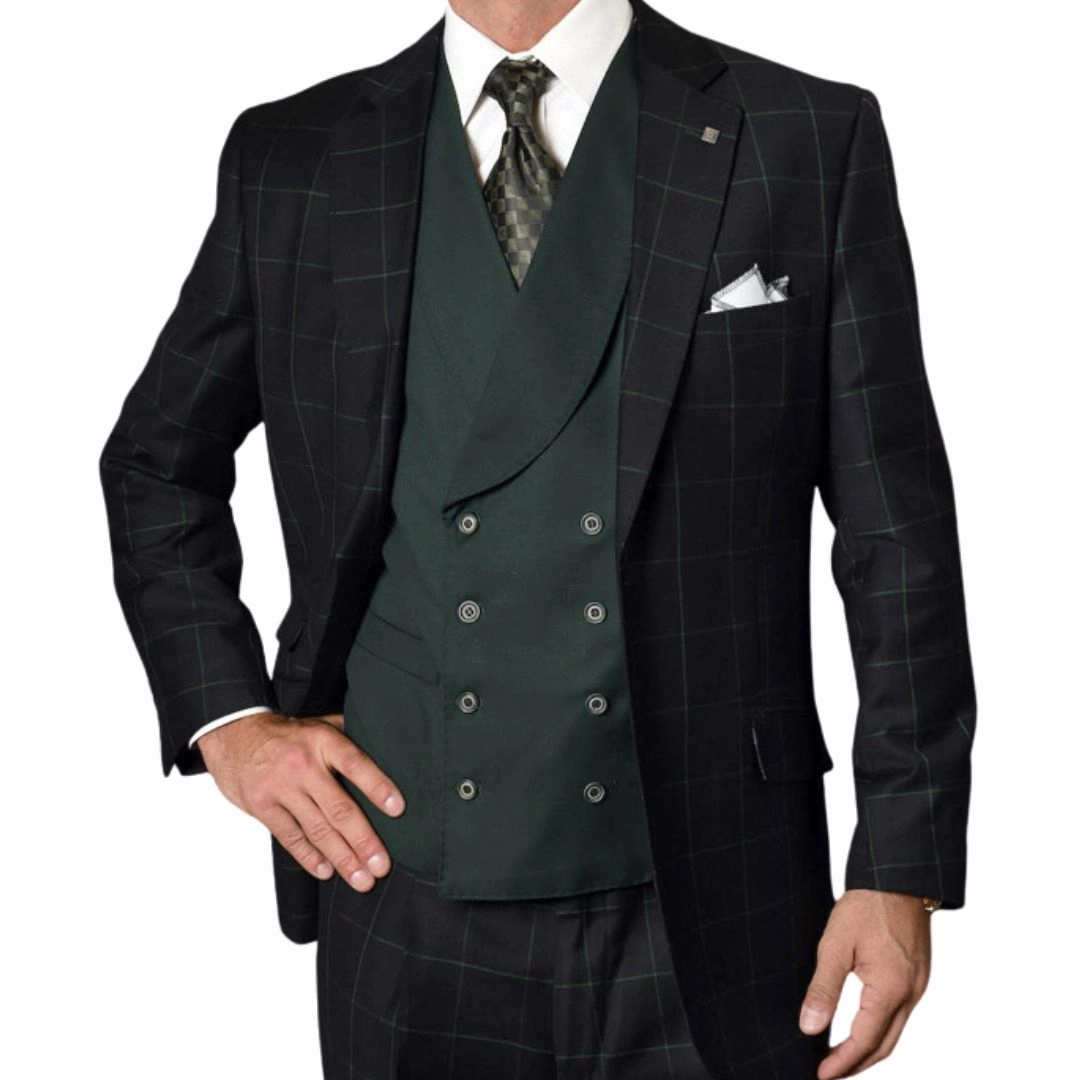 Dominion Collection: Black/Hunter 3-Piece Plaid Modern Fit Suit