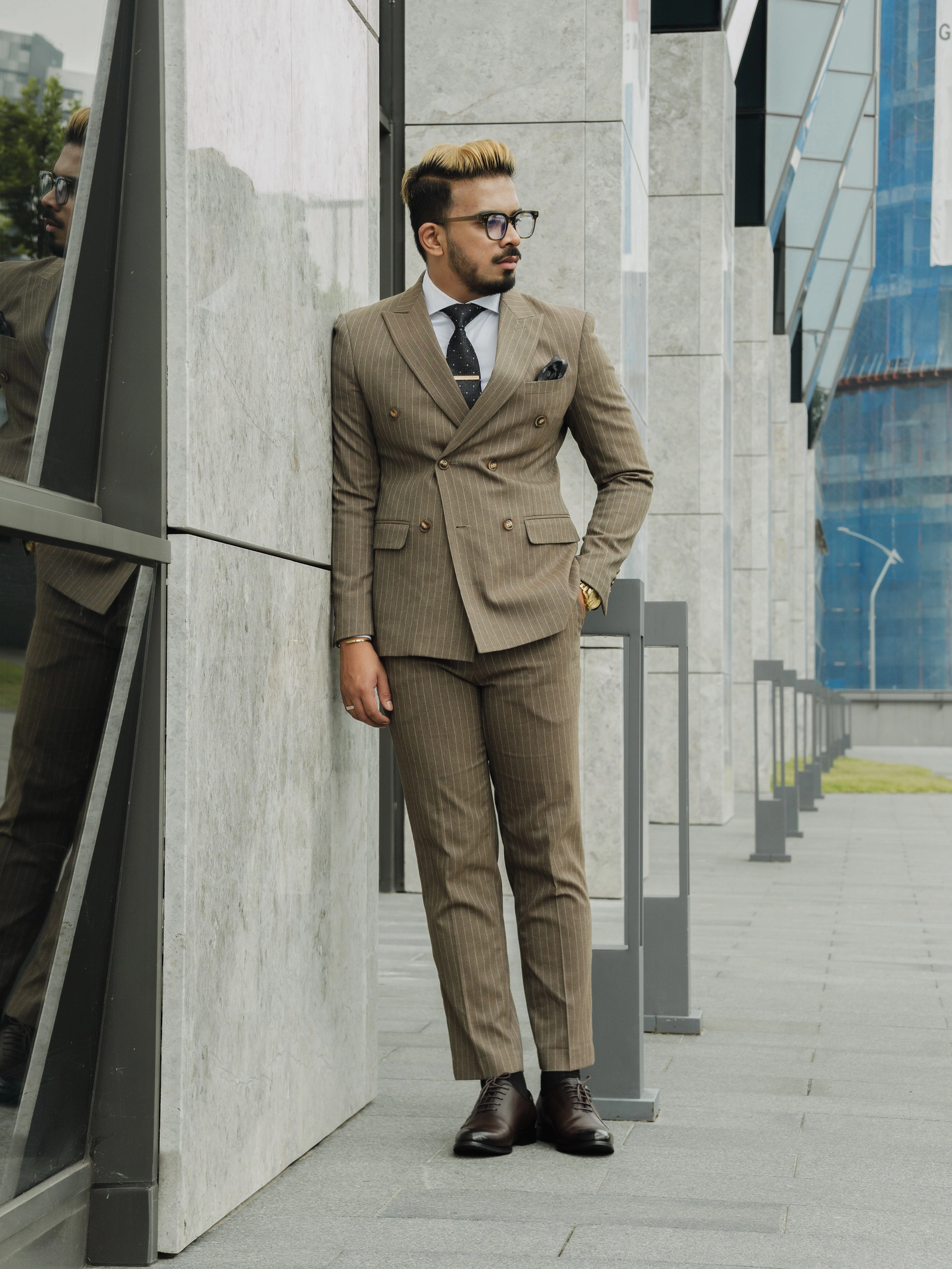 Double Breasted Suit Blazer - Brown Pinstripes (Peak Lapel)
