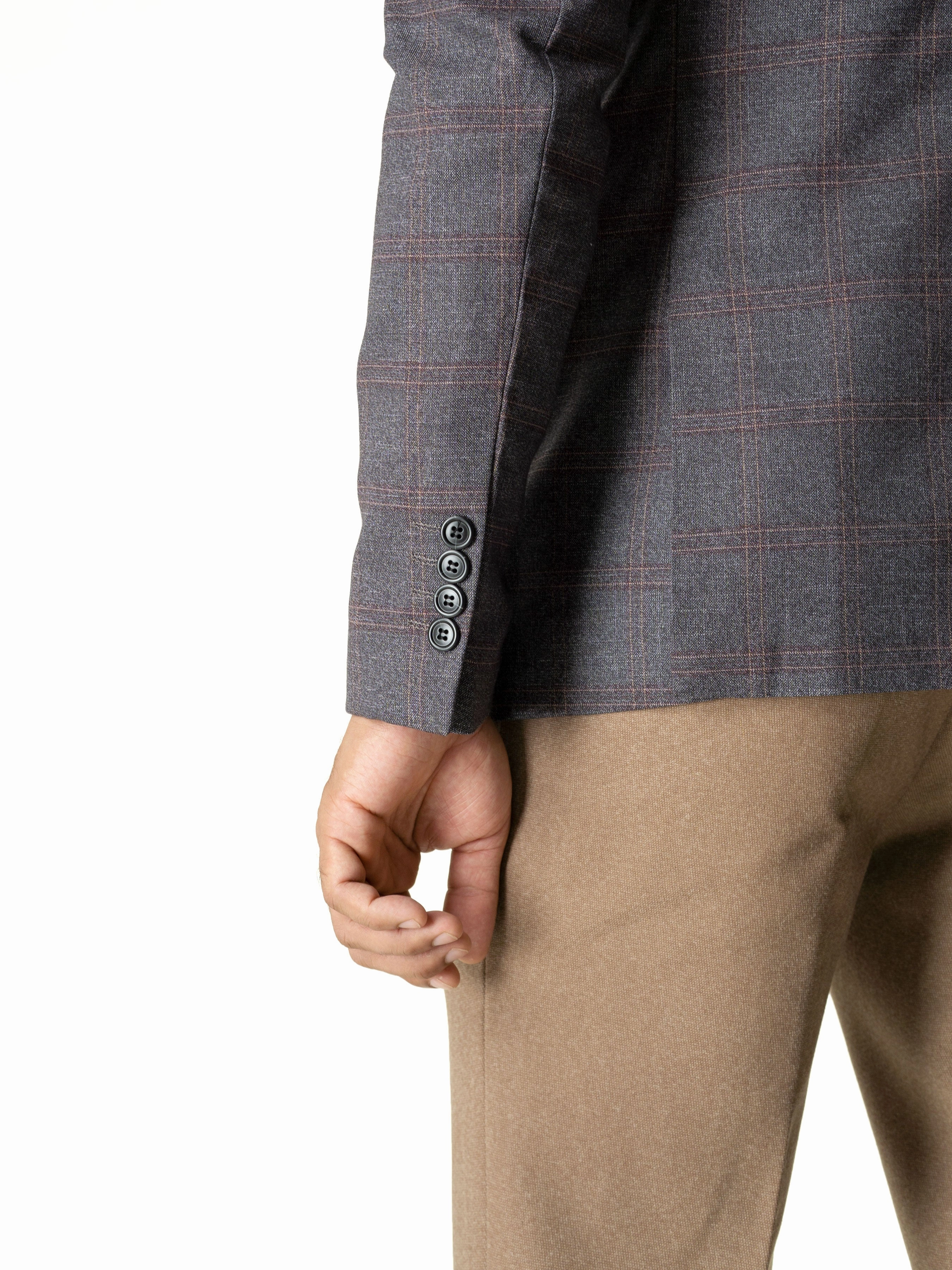 Double Breasted Suit Blazer - Dark Grey Checkered (Peak Lapel)