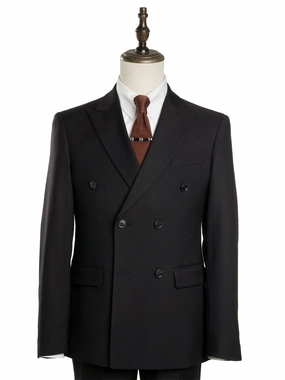 Double Breasted Suit Blazer - Jet Black Plain (Peak Lapel)