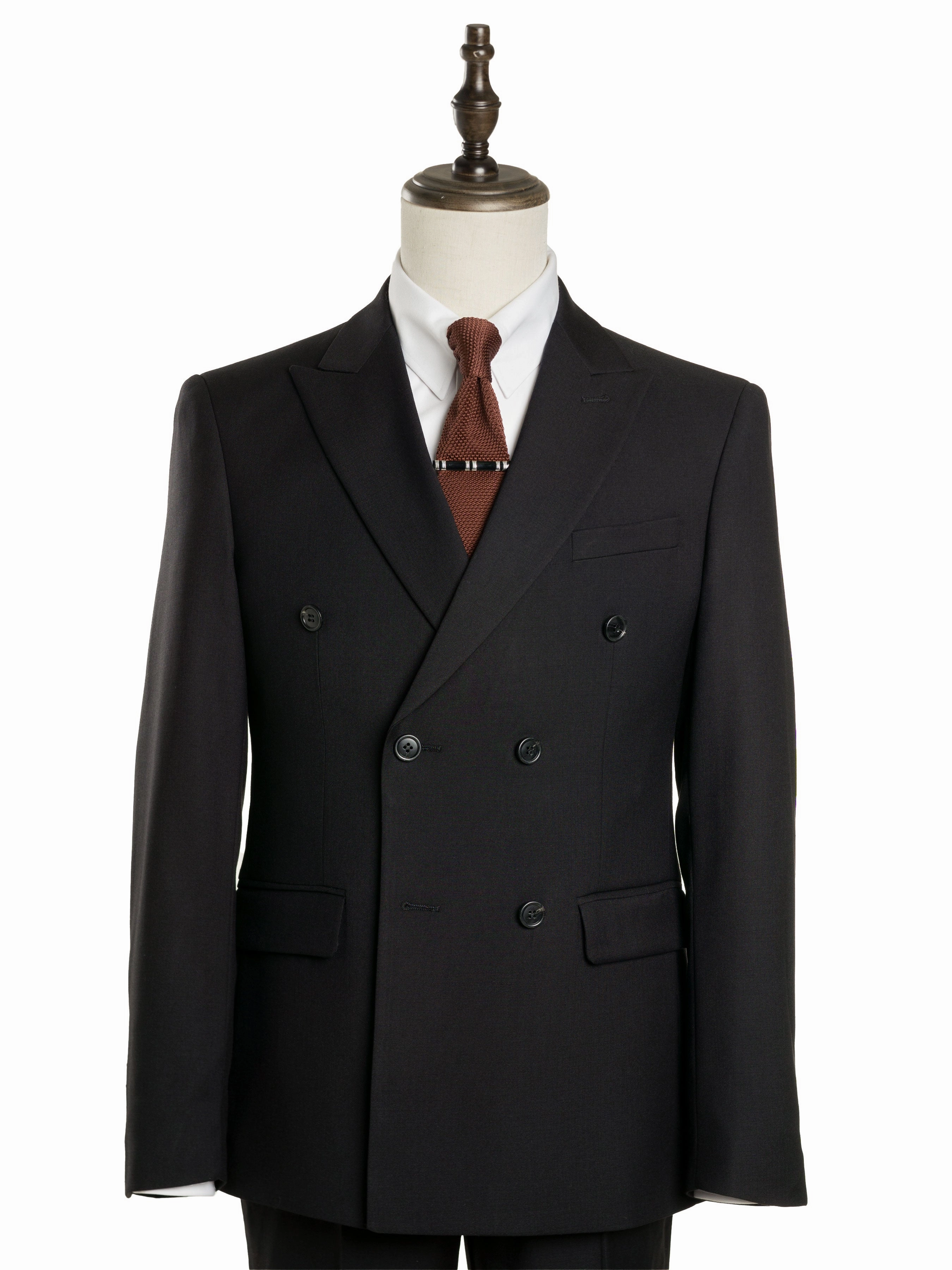 Double Breasted Suit Blazer - Jet Black Plain (Peak Lapel)