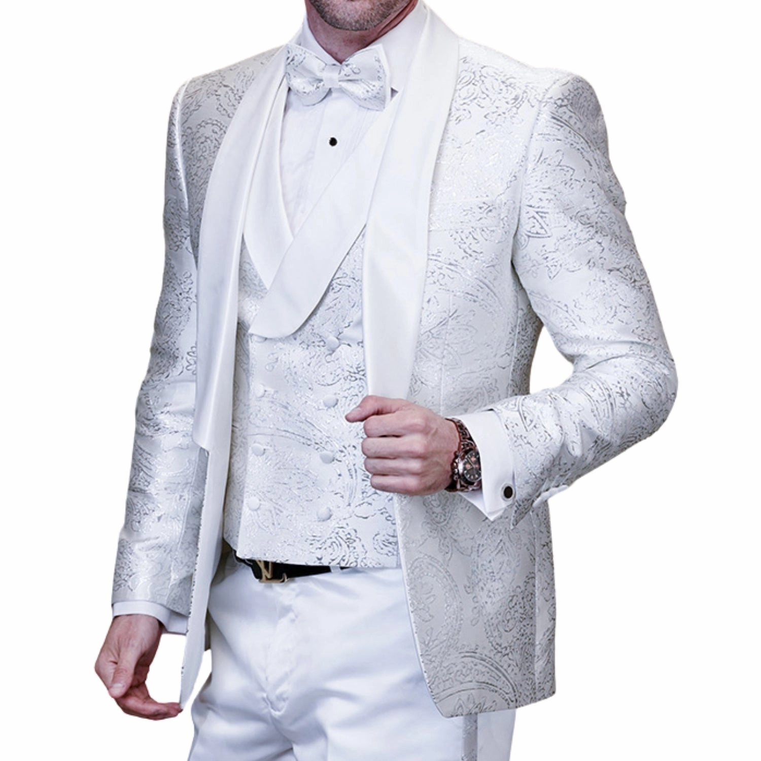 Eclipse Elegance Collection: 3PC Modern Fit Shawl Lapel Tuxedo With Woven Fabric In White