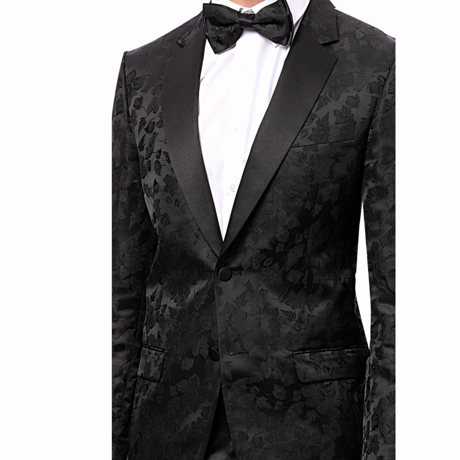 Elegant Black Tone on Tone Floral Design Blazer with Solid Satin Lapel - Modern Fit