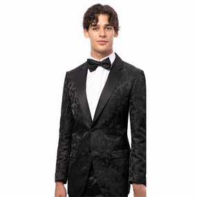 Elegant Black Tone on Tone Floral Design Blazer with Solid Satin Lapel - Modern Fit
